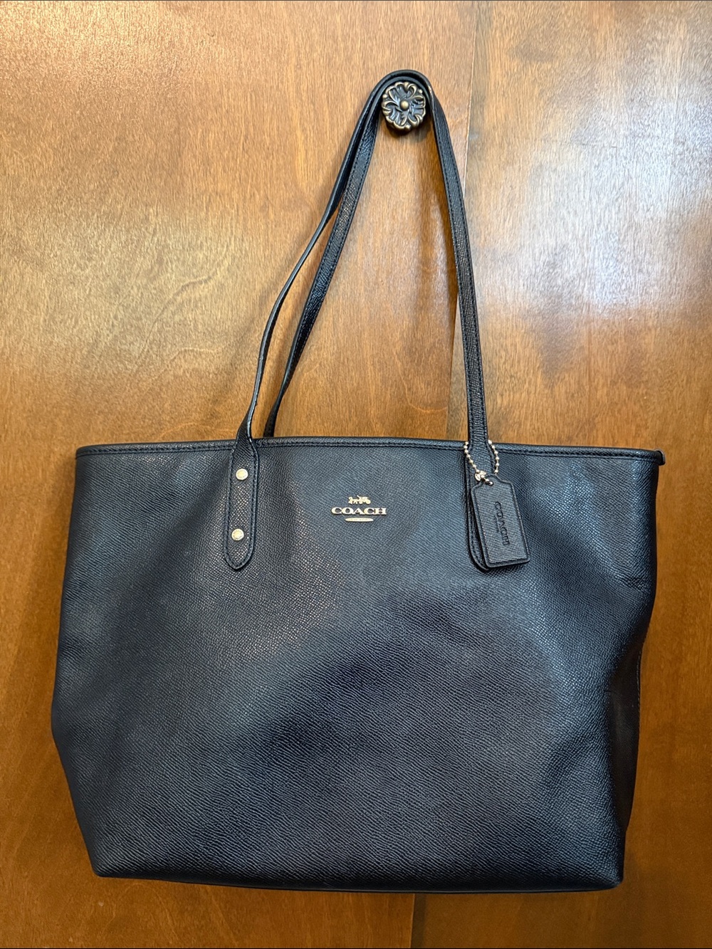Coach Black Leather Tote with Gold Logo and Tag